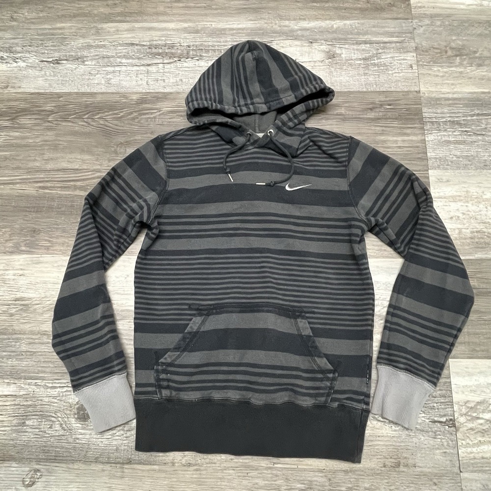 Nike Y2K Striped Small Swoosh Women's Gray Black Hoodie‎ Sweatshirt Pullover